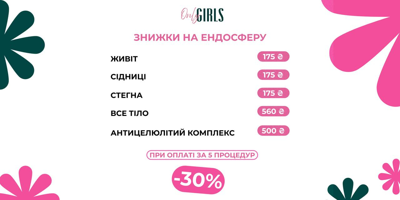 Знижка -30% на всі зони ЕНДОСФЕРИ!
Знижка діє при сплати від 5ти процедур! Позбутись небажаної апельсинової кірочки легко!