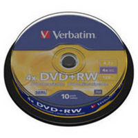 Диск DVD + RW Verbatim 4.7Gb 4x CakeBox 10 шт silver (43488)